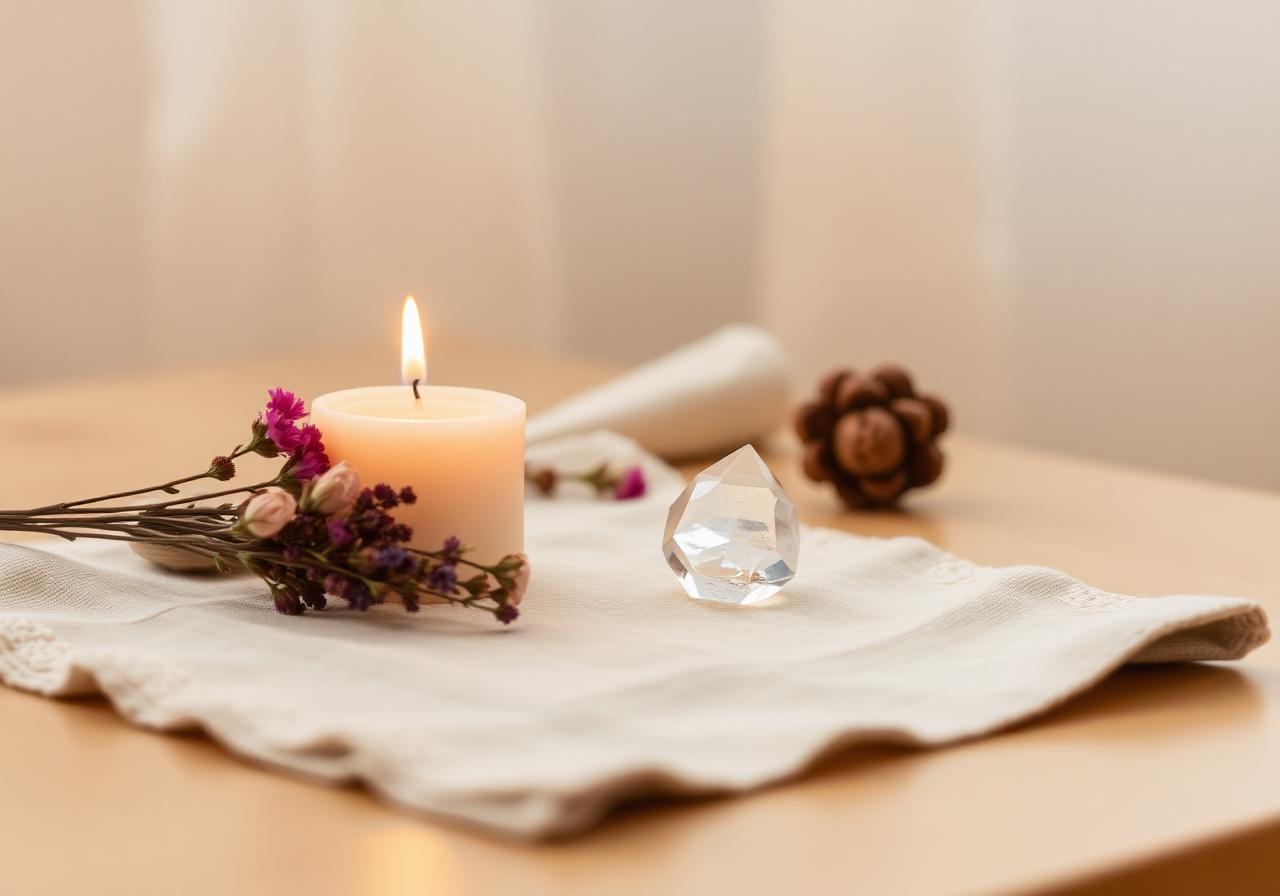 Altar sereno com vela, flores secas e cristal